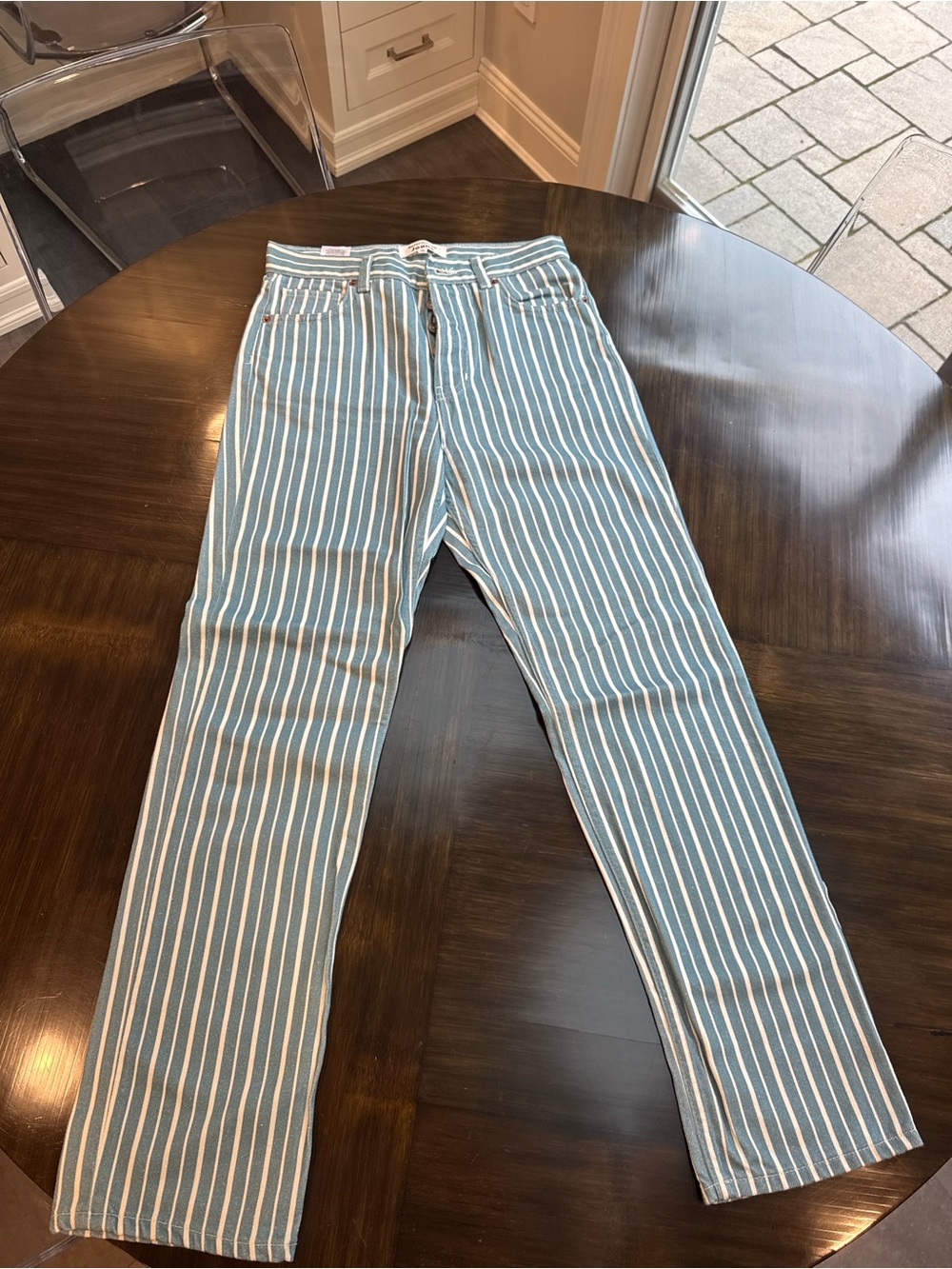 Reformation Blue & White Vertical Stripe Straight-Leg Pants